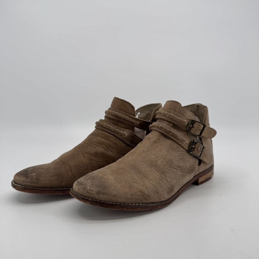 Free People Braeburn Ankle Boots Womens 37 Distressed Leather Buckle Cutout